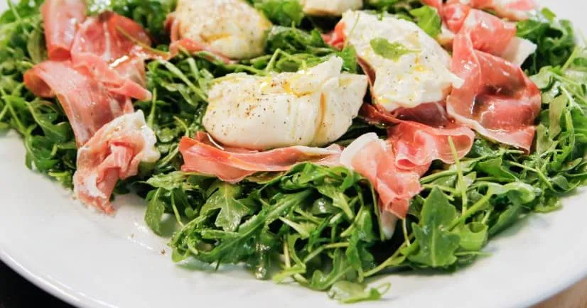 Arugula Salad With Crispy Proscuitto, Parmesan And Fried Eggs