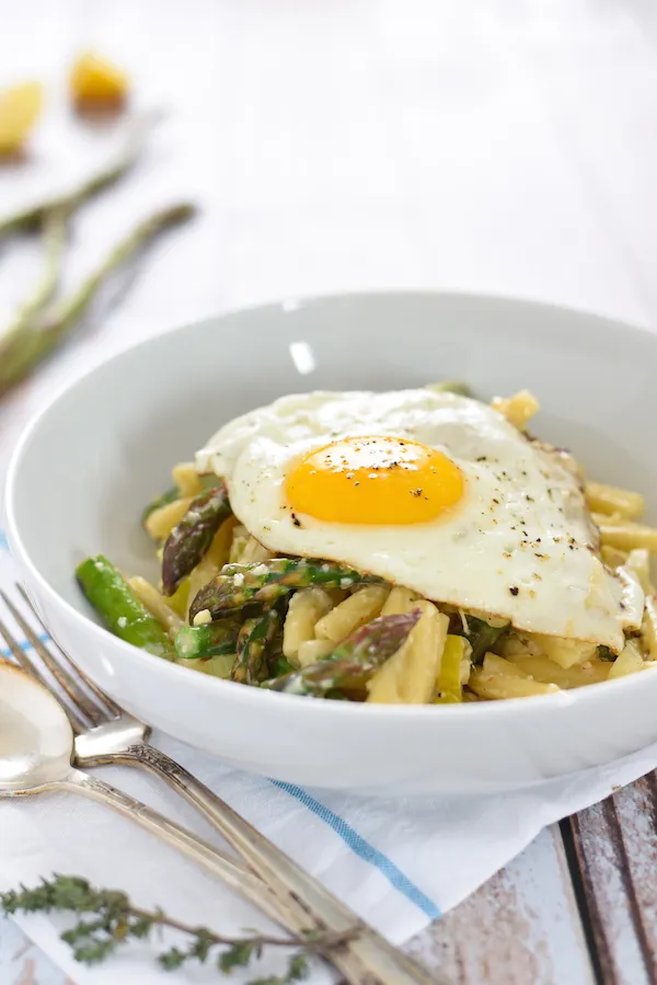 Asparagus And Poached Eggs Over Pasta