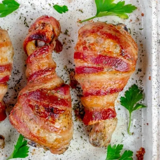 Bacon Wrapped Stuffed Drumsticks