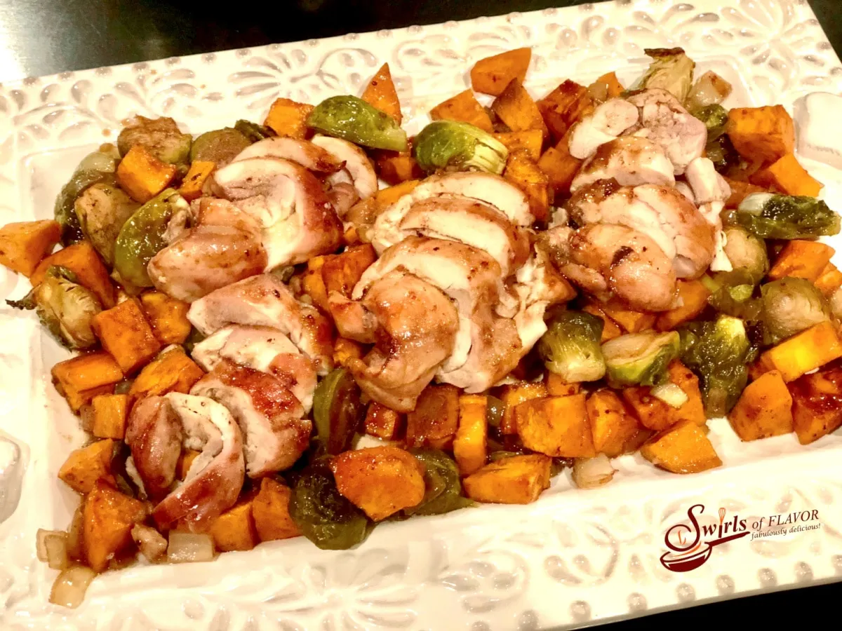 Baked Chicken Thighs With Brussels And Sweet Potato