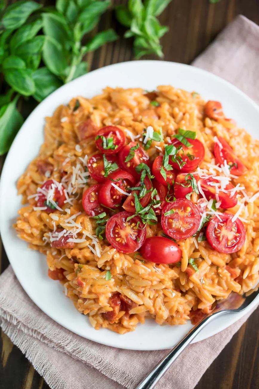 Baked Tomatoes With Basil Orzo