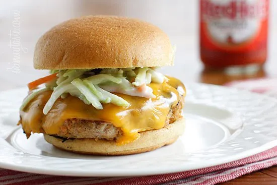 Buffalo Turkey Cheeseburger With Blue Cheese Broccoli Slaw