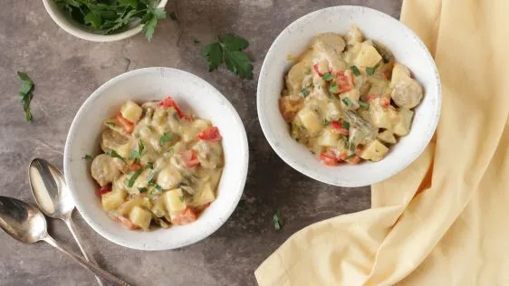 Cheesy Brat Stew For The Slow Cooker