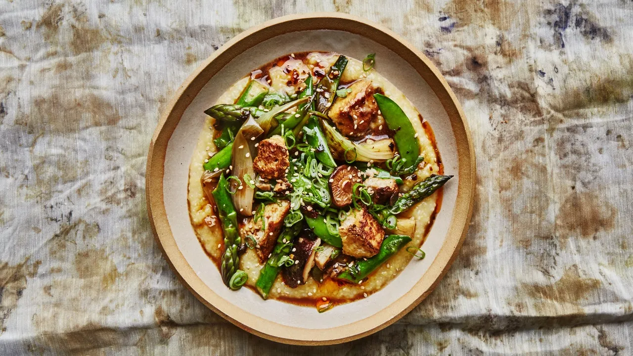 Chili Glazed Tofu Over Asparagus And