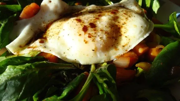 Crispy Bacon & Sweet Potato Spinach Salad with a Fried Egg Topping