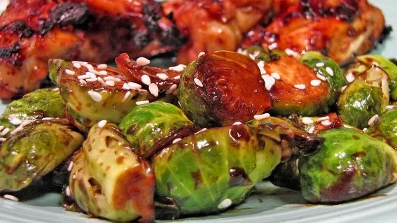 Crispy Brussels Sprouts with a Sweet and Spicy Soy-Sriracha Glaze