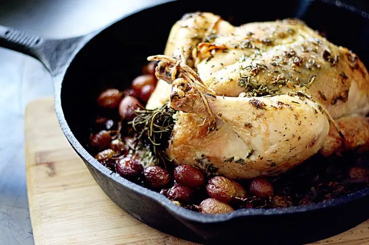 Crispy Roast Chicken With Riesling, Grapes