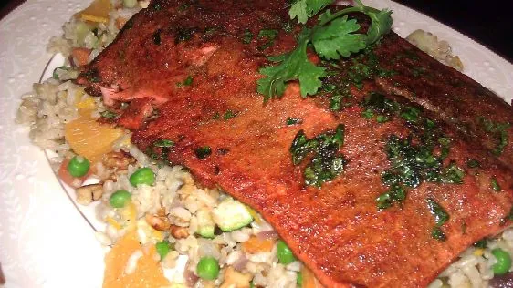 Cumin Crusted Salmon With Orange Rice Pilaf