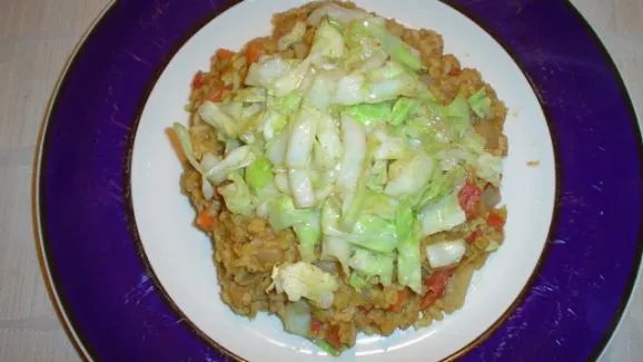 Dal And Rice With Spicy Fried Cabbage