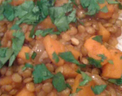 Delicious Sweet Potato &Amp; Lentil Curry Served With Fluffy Rice