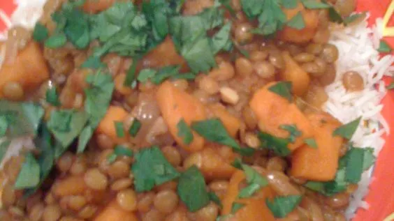 Delicious Sweet Potato & Lentil Curry Served with Fluffy Rice