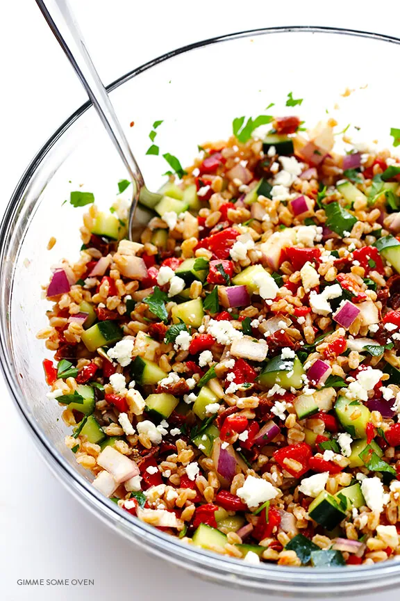 Farro Salad With Feta, Cucumbers And Sun Dried Tomatoes