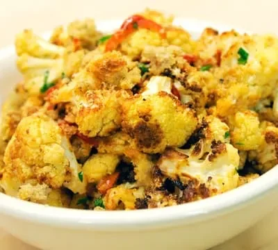 Garlic Roasted Cauliflower With Toasted Asiago Bread Crumbs