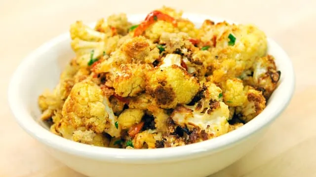 Garlic Roasted Cauliflower With Toasted Asiago Bread Crumbs