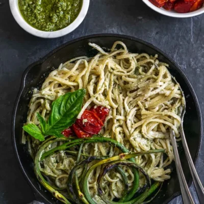 Garlic Scape Pesto Spaghetti Tossed With Fresh Tomatoes