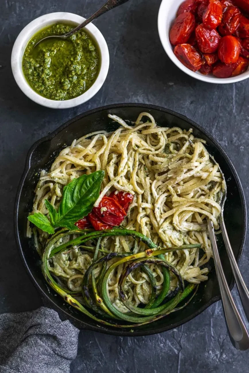 Garlic Scape Pesto Spaghetti Tossed with Fresh Tomatoes