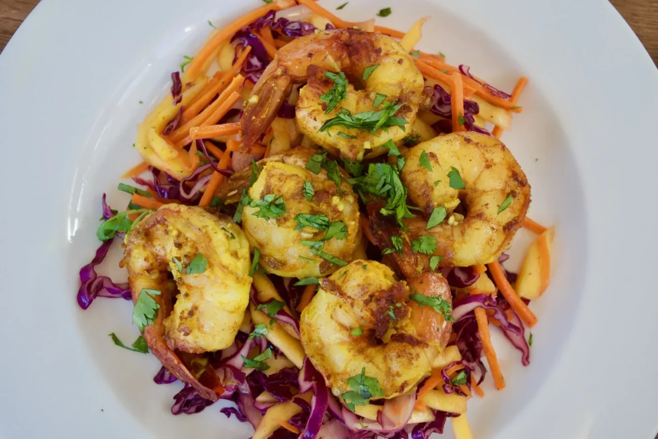 Garlic-Turmeric Shrimp with Mango Cabbage Slaw Recipe