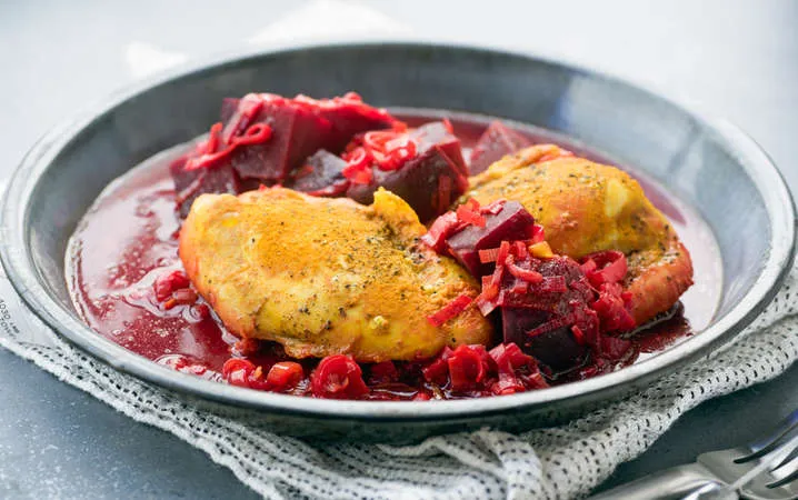 Golden Turmeric Chicken with Roasted Beets and Leeks Recipe