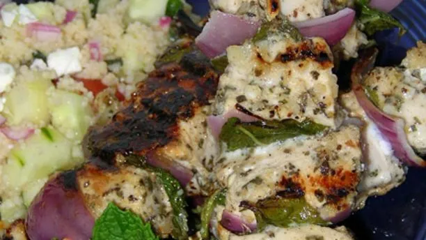 Grilled Chicken, Red Onion, And Mint Kebabs