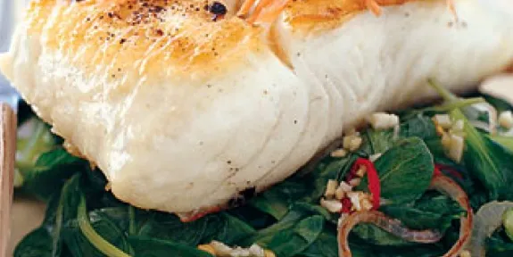 Grilled Halibut With Spinach And Spicy Thai Chiles