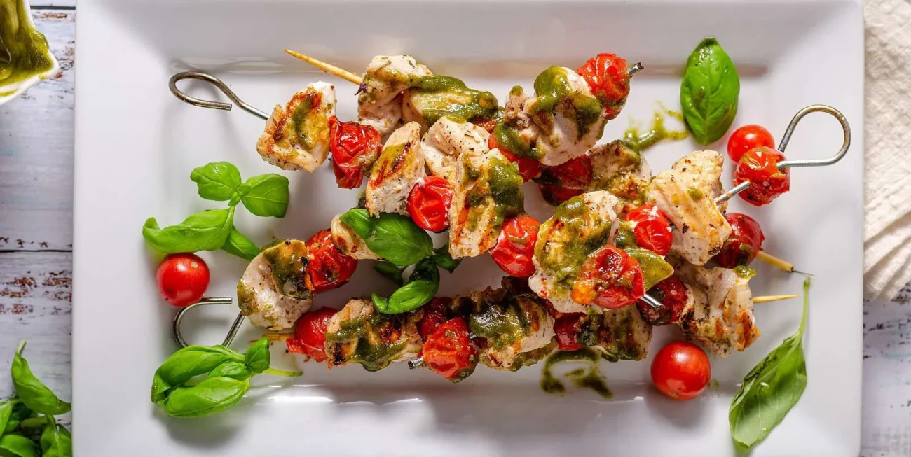 Grilled Pesto Chicken And Tomato Kebabs