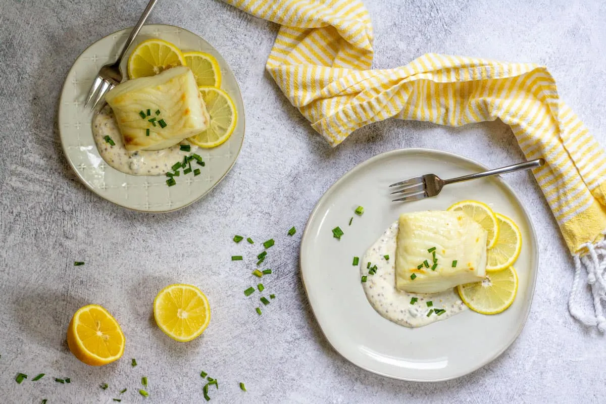 Halibut In A Lemon Mustard And Caper Sauce