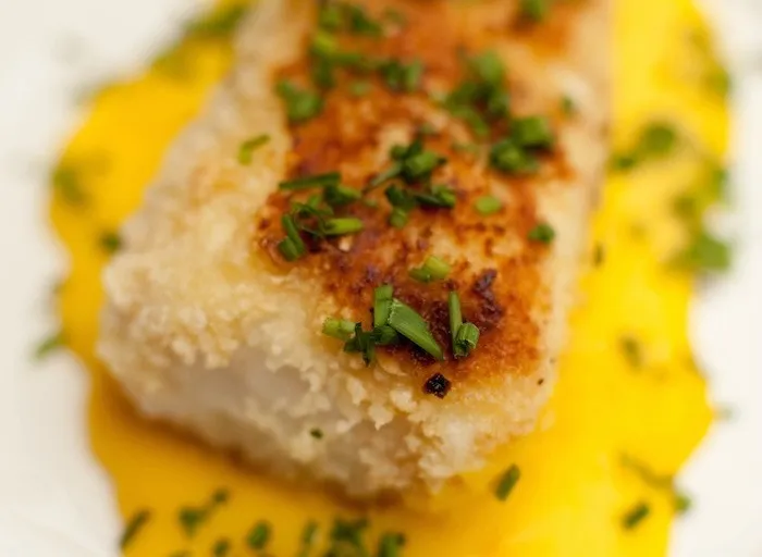 Halibut With Nut Crust And Apple Vinaigrette