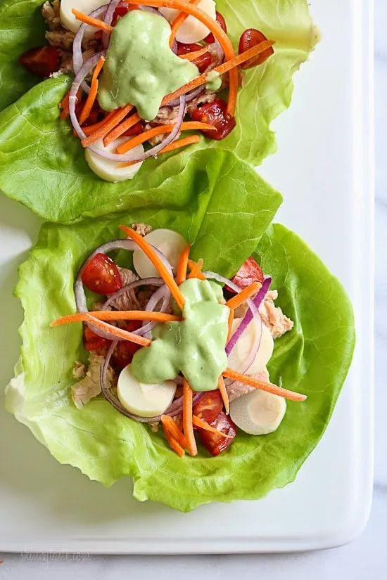 Healthy Tuna and Avocado Lettuce Wraps with Creamy Yogurt Dressing