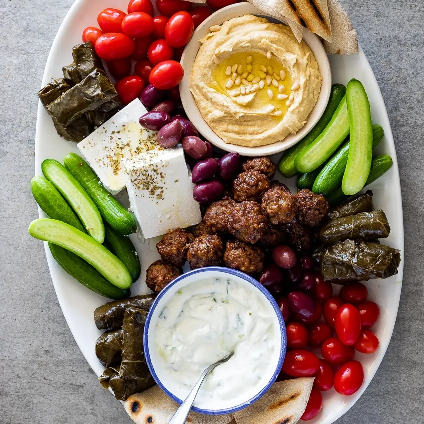 Meze Platter: Hummus, Shrimp Salad, Cucumber