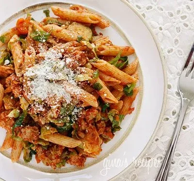 Penne Pasta With Brussels Sprouts In A Ragu