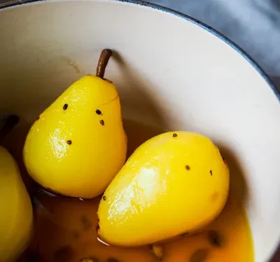 Poached Pears In Saffron Citrus Syrup