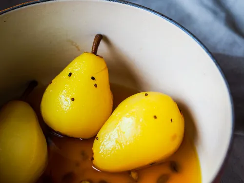 Poached Pears In Saffron Citrus Syrup