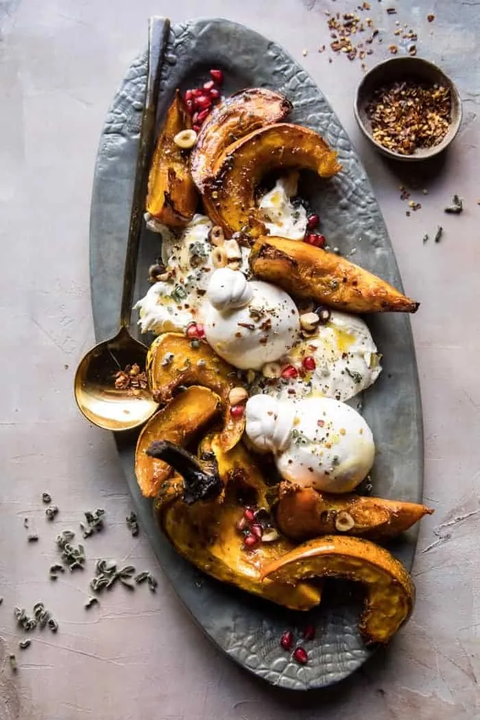 Roasted Delicata Squash With Burrata, Pomegranate And Pistachios