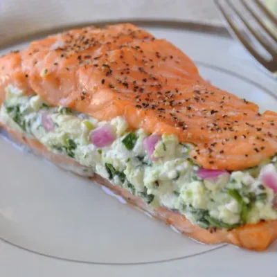 Salmon Stuffed W/Spinach Onion &Amp; Cheese