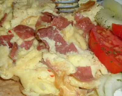 Scrambled Eggs And Fried Beef Salami