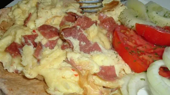 Scrambled Eggs And Fried Beef Salami