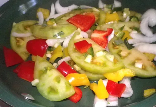 Sizzling Green Tomato Stir-Fry with Onions and Peppers