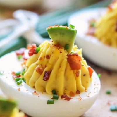 Bacon Sriracha Avocado Deviled Eggs