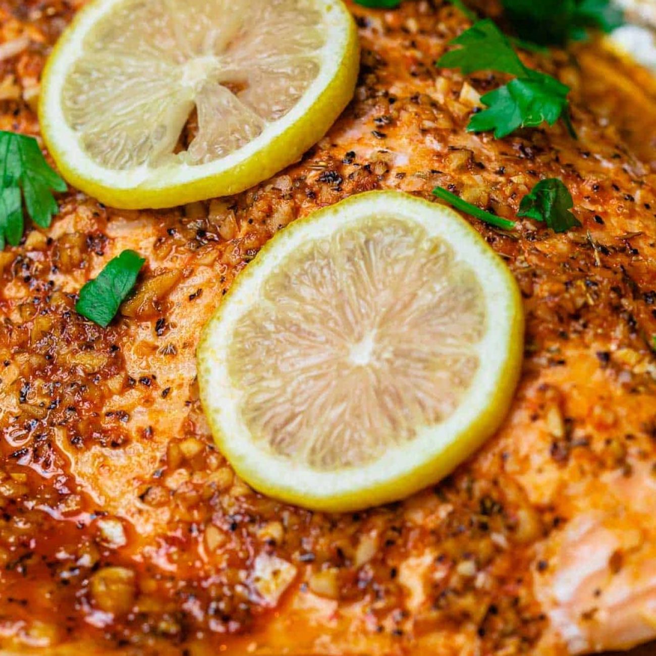 Baked Salmon Topped With Roasted Garlic