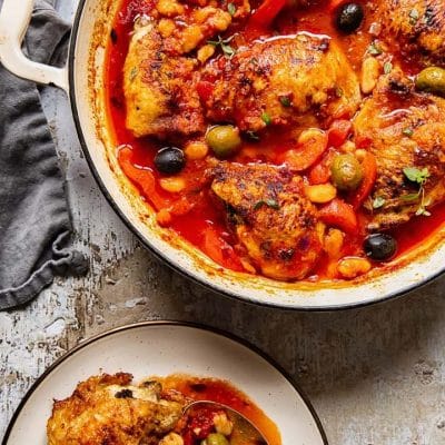 Braised Chicken Thighs With Bell Peppers, Olives