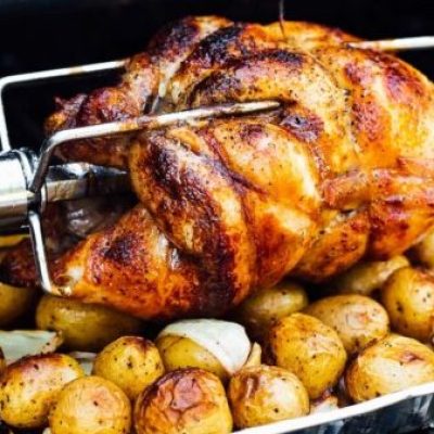 Chicken, Basted Deli Rotisserie Chicken On A Spit