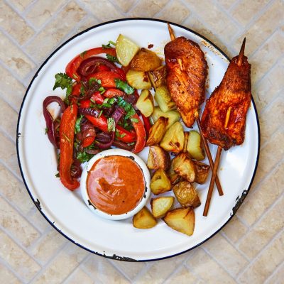 Coriander Pork Skewers And Red Onion Salsa