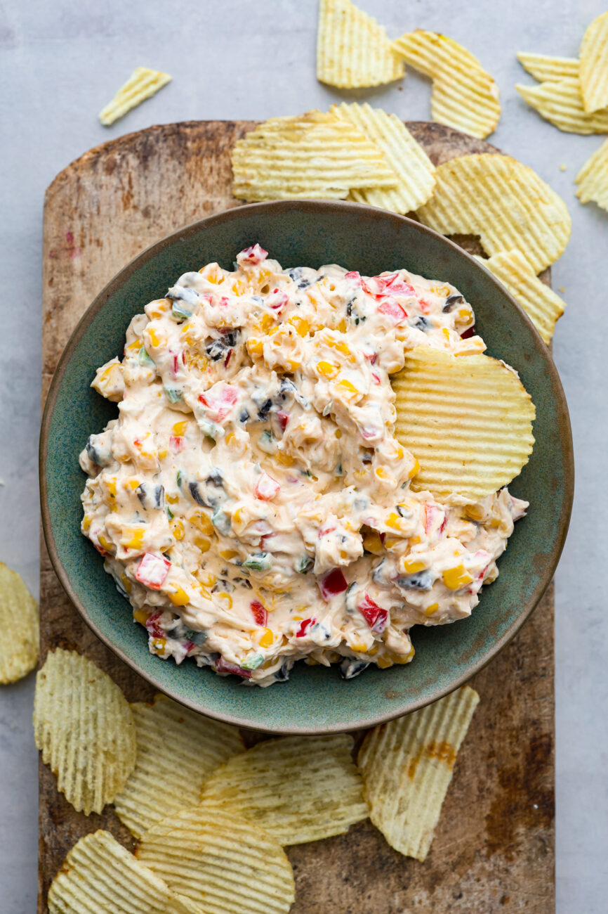 Creamy Sour Cream Dip with Onion, Olive, and Bacon Bits