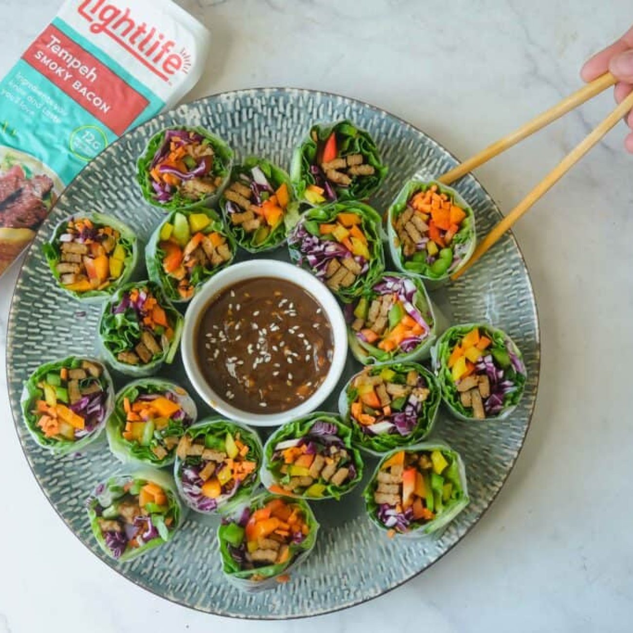 Crispy Tempeh Spring Rolls with Creamy Sesame Peanut Dip