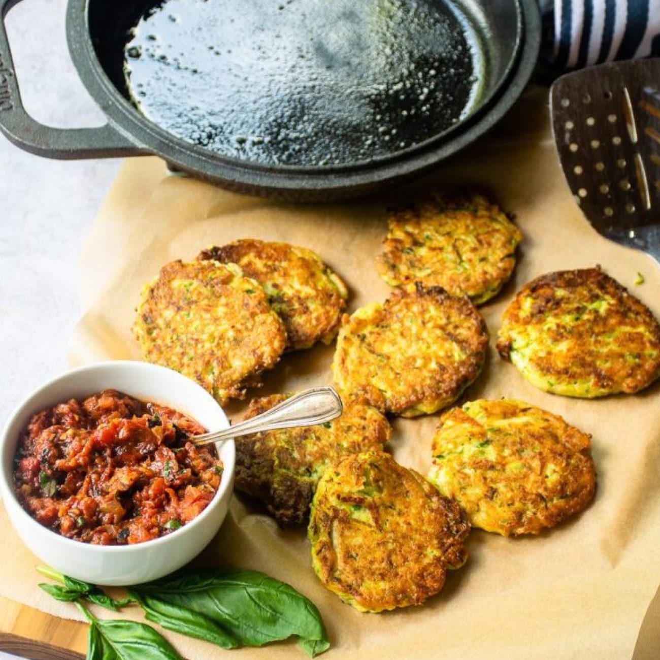 Crispy Zucchini Fritters with Sumac and Tomato Relish