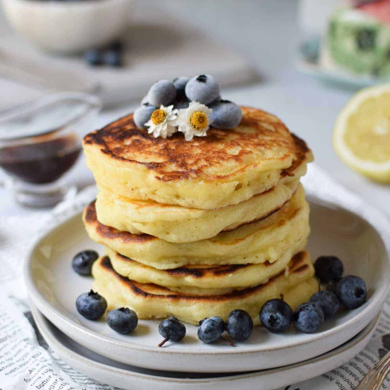 Lemon Ricotta Pancakes With Rhubarb Sauce