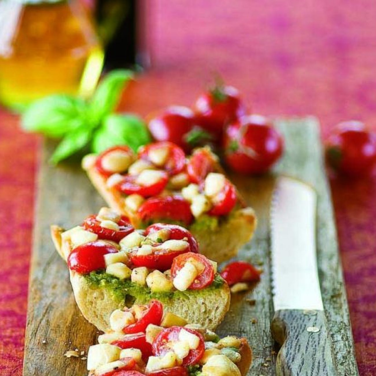 Mozzarella, Tomato & Pesto Bruschette