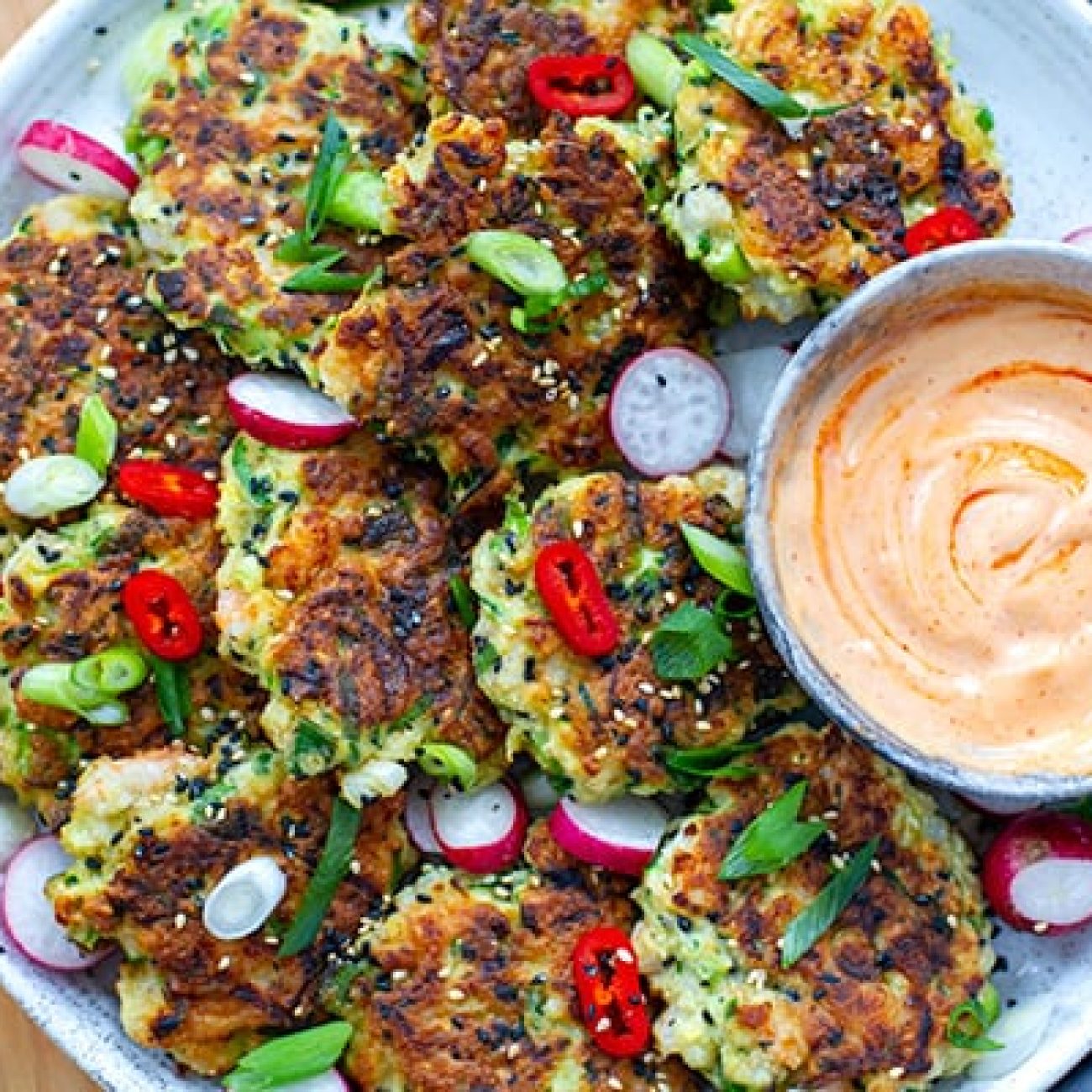 Prawn And Green Onion Fritters With Avocado