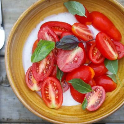 Red And Yellow Tomato Salad With Basil, Olives